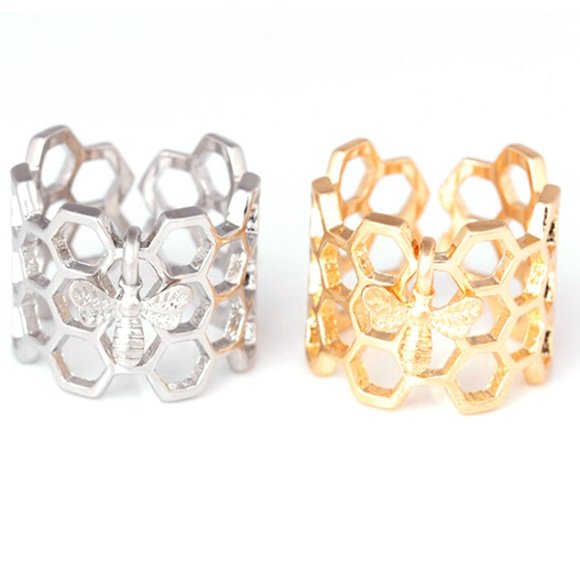 Bee Honeycomb Open Hexagon Gold Steel Ring - Adj. - Picture 2 of 5